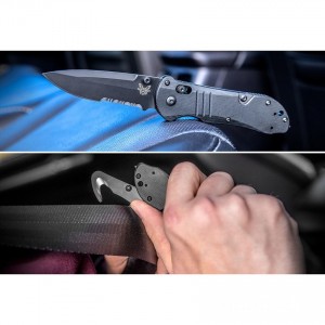 Benchmade Tactical Triage Rescue Folding Knife 3.48" S30V Black Combo Blade, Black G10 Handles, Safety Cutter, Glass Breaker - 917SBK for Sale