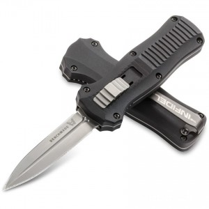 Benchmade 3350 Mini-Infidel Dagger AUTO OTF Knife 3.10" D2 Satin Double Edge Blade, Black Aluminum Handles for Sale