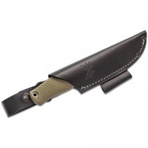 Genuine Benchmade 200 Puukko Fixed Blade Knife CPM-3V Satin, OD Green Santoprene Handle, Black Leather Sheath